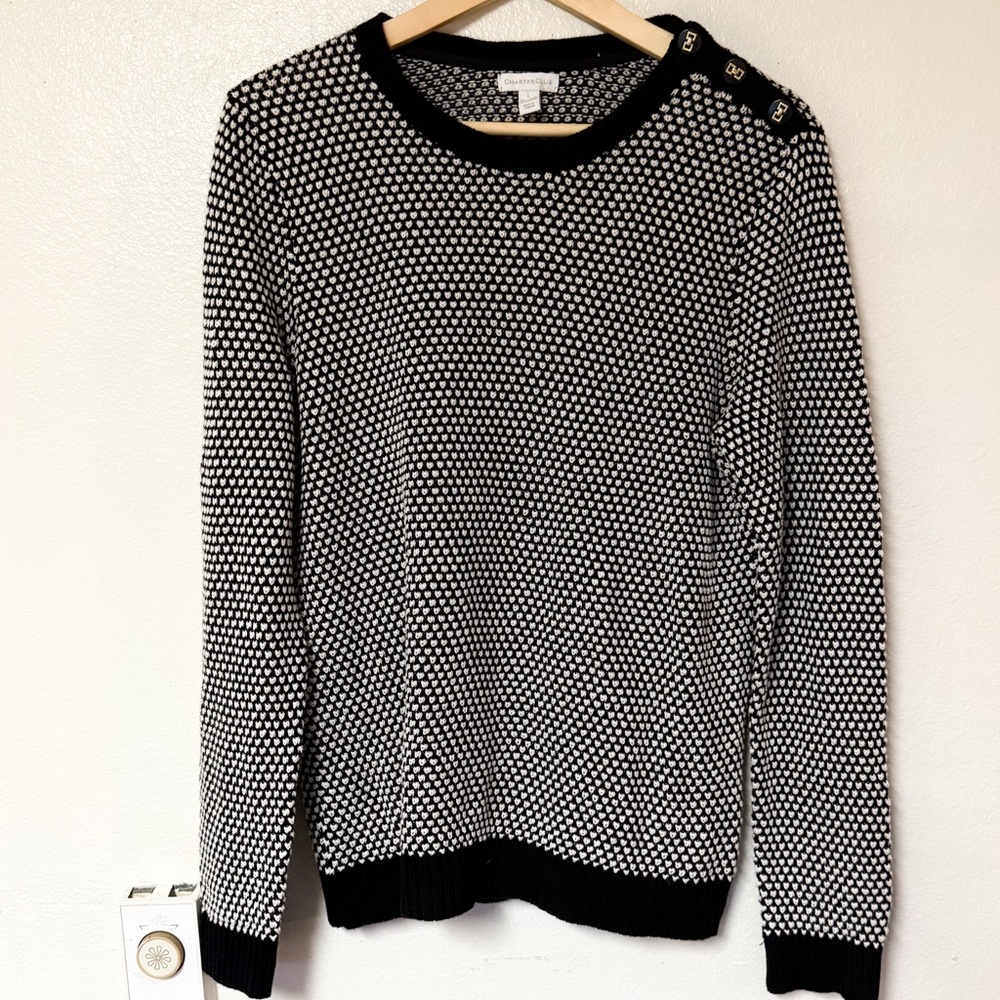 Charter Club Black & White Knit Sweater Button Shoulder Size Large